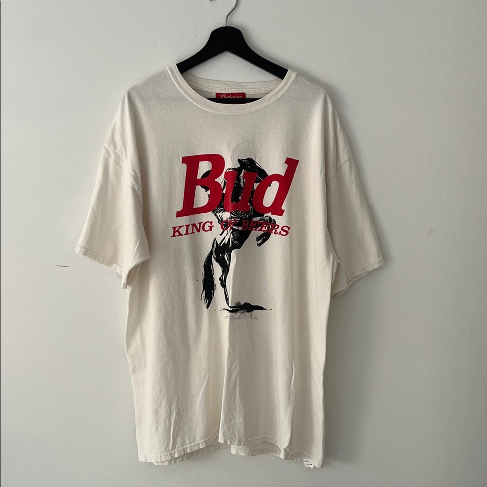 Budweiser Off-White Graphic Tee with Red Print